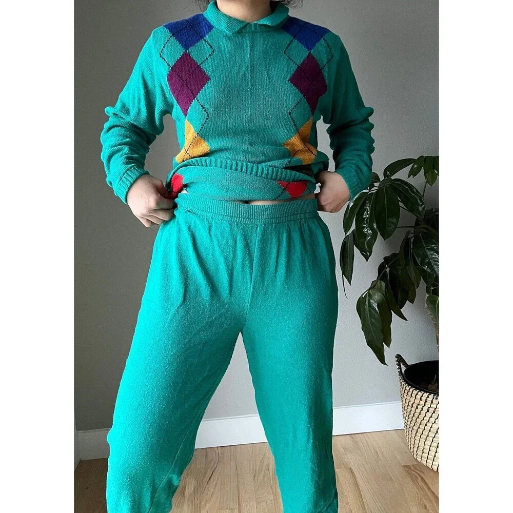 vtg 90s silk wool green knit sweater set‎ argyle print retro loungewear small